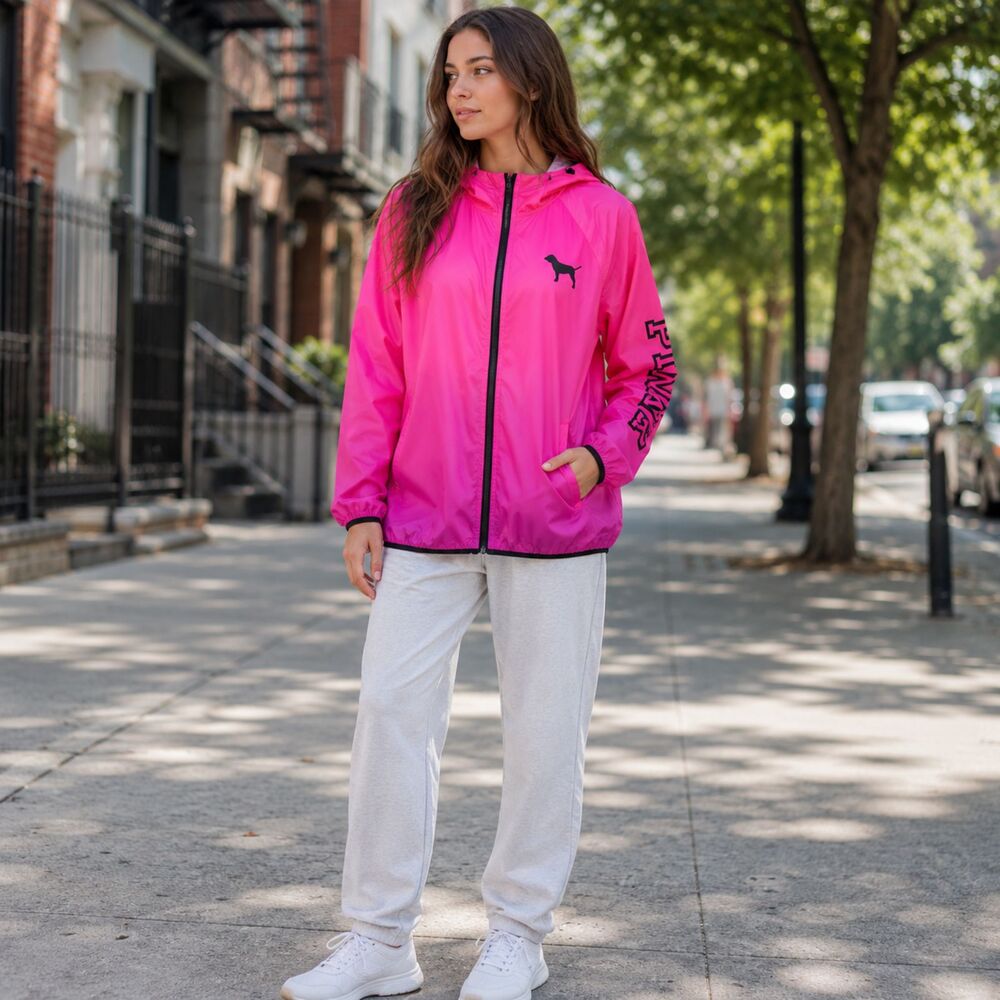 Victoria's Secret PINK Windbreaker Jacket Women's M Hooded Full Zip Logo